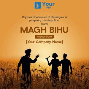 Magh Bihu festival greeting with silhouettes of people in a field.