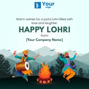 Happy Lohri greeting with people celebrating around a bonfire.