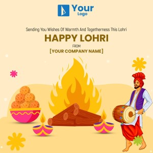 Happy Lohri wishes with bonfire and traditional Punjabi man playing dhol
