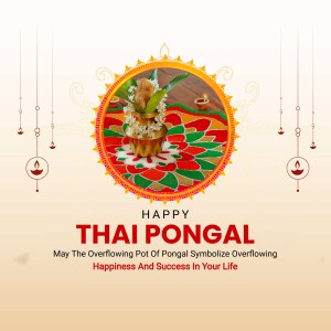 Thai Pongal festival greeting with overflowing pot of Pongal