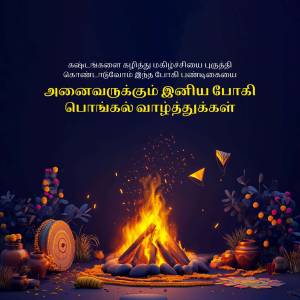 A festive image depicting a bonfire and traditional decorations for Pongal.