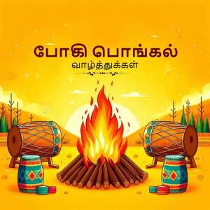 Pongal bonfire with traditional drums and decorations