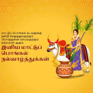 Pongal festival illustration with a woman, cow, and traditional decorations