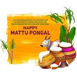 Mattu Pongal festival greeting with cow, sugarcane, and traditional pots