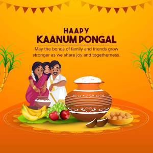 Illustration of a family celebrating Kanum Pongal with traditional food and decorations.