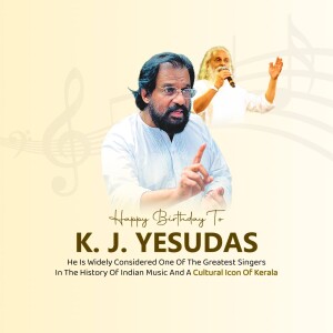 Portrait of K.J. Yesudas with a faded image of him performing in the background