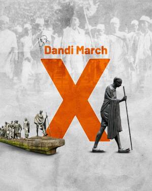 Poster commemorating the Dandi March with Mahatma Gandhi and a large 'X' symbol.
