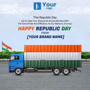 Republic Day themed image with a truck decorated in the Indian flag colors and a message about national pride.
