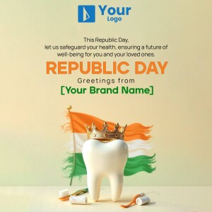 Republic Day greeting with a dental health theme, featuring the Indian flag, a crown, and a tooth.