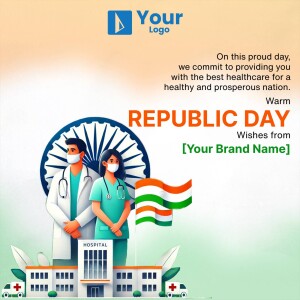 Republic Day greeting with healthcare workers and hospital building
