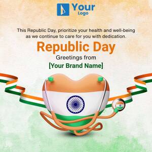 Republic Day greeting with a heart-shaped stethoscope in Indian flag colors.