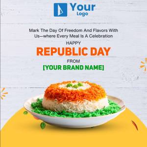 Republic Day themed food image with tricolor rice and a celebratory message.