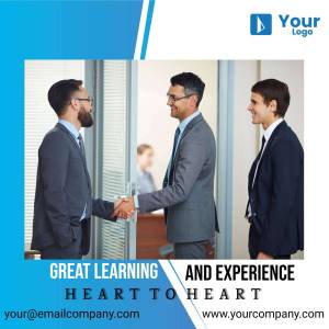 Two businessmen shaking hands with a colleague in the background, promoting learning and experience.