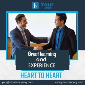 Two businessmen shaking hands with text overlay promoting learning and experience.