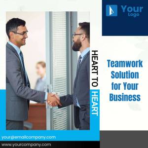 Two businessmen shaking hands with a team in the background, promoting teamwork solutions.