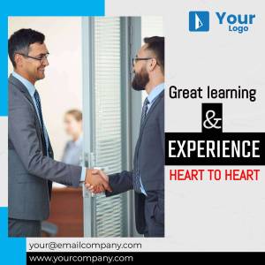 Two businessmen shaking hands with colleagues in the background, promoting learning and experience.