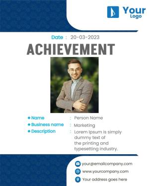 Achievement certificate with a person's photo and company details