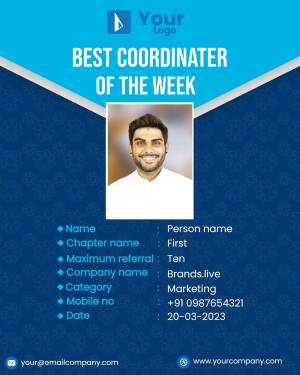 Employee recognition card for Best Coordinator of the Week featuring a photo and details.