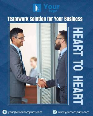 Two businessmen shaking hands with a blurred office background and text 'Heart to Heart'