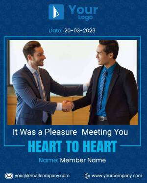 Two businessmen shaking hands after a meeting with company logo and contact details.
