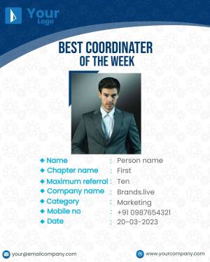 Employee recognition card with a photo of a man in a suit