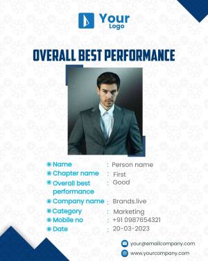 Employee performance recognition card with a professional portrait.