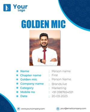 ID card featuring a man with a golden microphone award