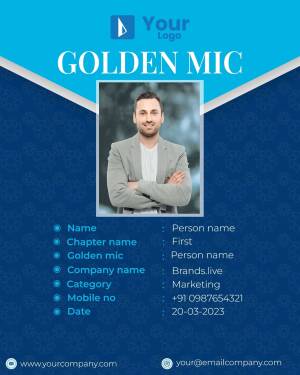 ID card template with a golden microphone theme and a portrait of a man in a suit.