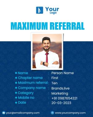 Referral ID card with a person's photo and contact details