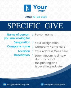 Contact card with blue and white design, displaying fields for person's name, designation, company, location, and description.
