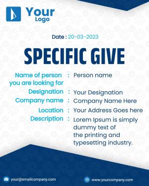Information card with fields for name, designation, company, location, and description.