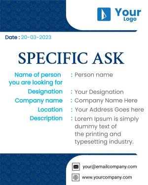 Business card with 'Specific Ask' text and contact information