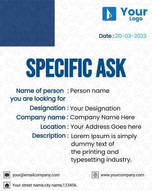 Request form with fields for name, designation, company, location, and description.