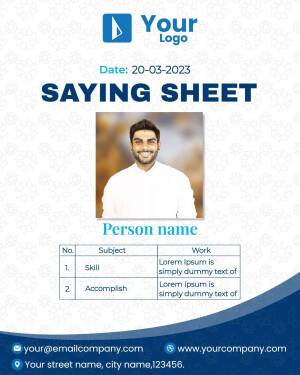 Saying sheet template featuring a person's photo and details