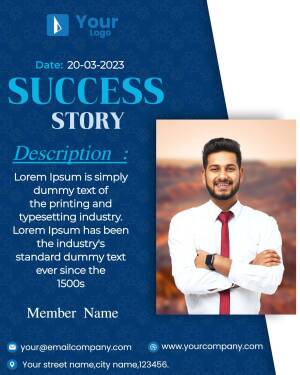 Success Story graphic with a professional portrait