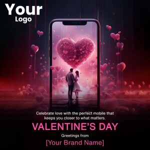 Smartphone displaying a romantic Valentine's Day scene with a couple and floating hearts.