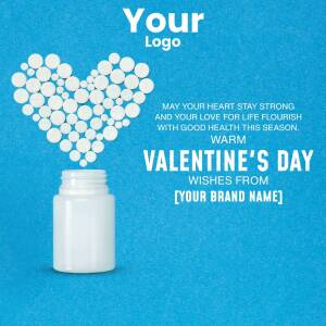 Heart made of pills overflowing from a bottle with Valentine's Day message.