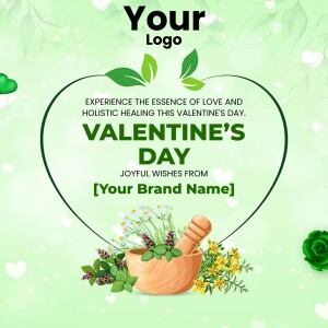 Valentine's Day graphic with heart, herbs, and mortar and pestle