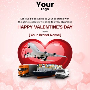 Valentine's Day themed image with airplane, truck, ship and van representing delivery services.
