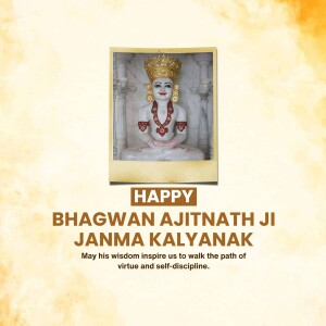 Image of Bhagwan Ajitnath with a celebratory message for Janma Kalyan