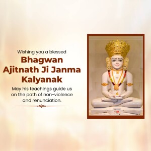 Image of Ajitnath statue with text wishing a blessed Janma Kalyanank