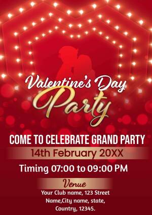 Valentine's Day party invitation with couple silhouette and string lights