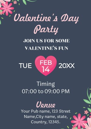 Valentine's Day party invitation with floral design and heart