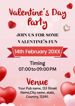 Valentine's Day party invitation with hearts and red ribbon