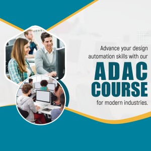 Image promoting an ADAC course for design automation, featuring students working on computers.