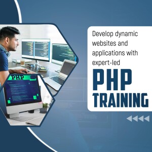 Man coding with PHP code on multiple screens, promoting PHP training.