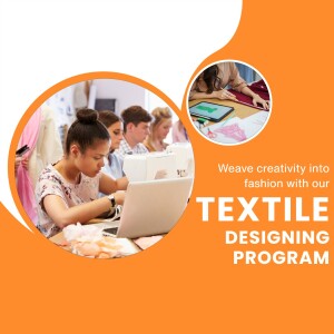 Students working on textile design projects with laptops and fabrics