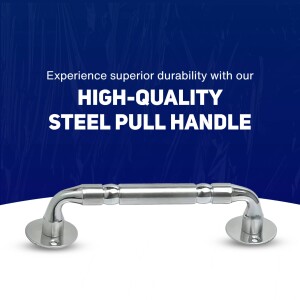 Close-up of a shiny steel pull handle against a blue and white background.