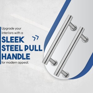 Close-up of a modern steel pull handle against a white and blue background with promotional text.