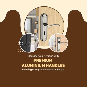 Close-up of premium aluminium door handles with multiple views and promotional text.